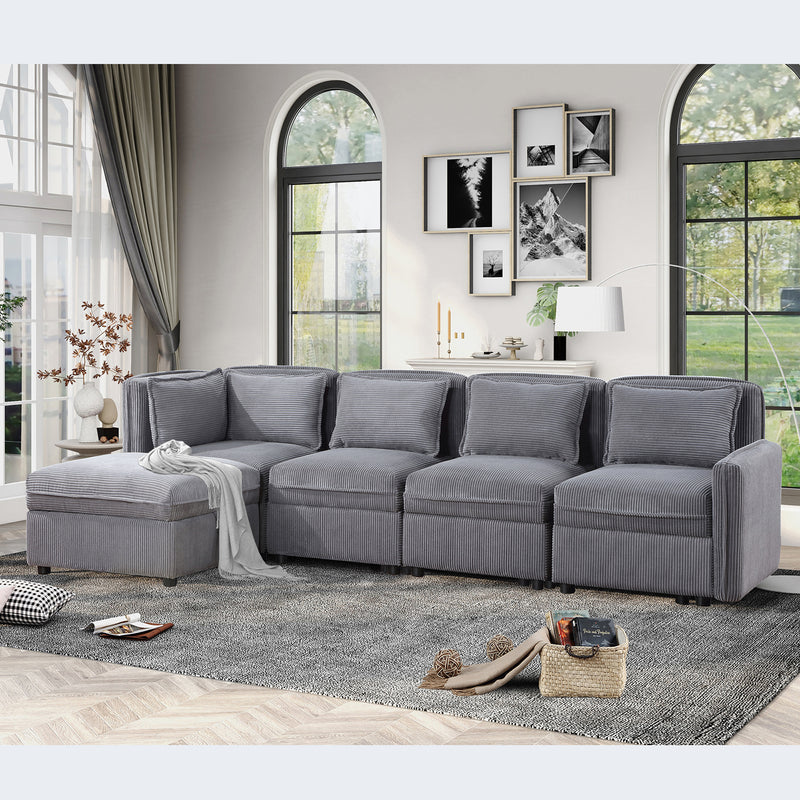 Modular Corduroy Sectional Sofa, Convertible L Shaped Couch Sofa with Storage,  5 Seat Sofa Couch for Living Room, Dark Gray
