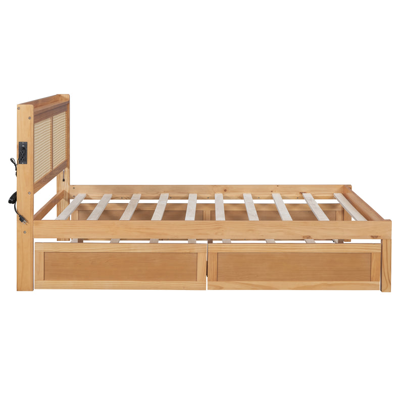 Full Size Elegant Bed Frame with Rattan Headboard and Sockets ,Walnut