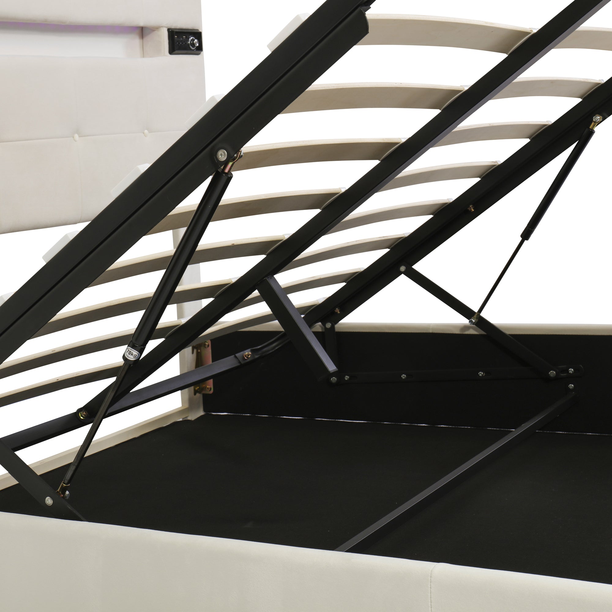 Full Size Upholstered Bed with LED Light and Integrated Bluetooth Audio System, Modern Platform Bed with Hydraulic Storage System and USB Port, Velvet , Beige - Atlantic Fine Furniture Melbourne FL