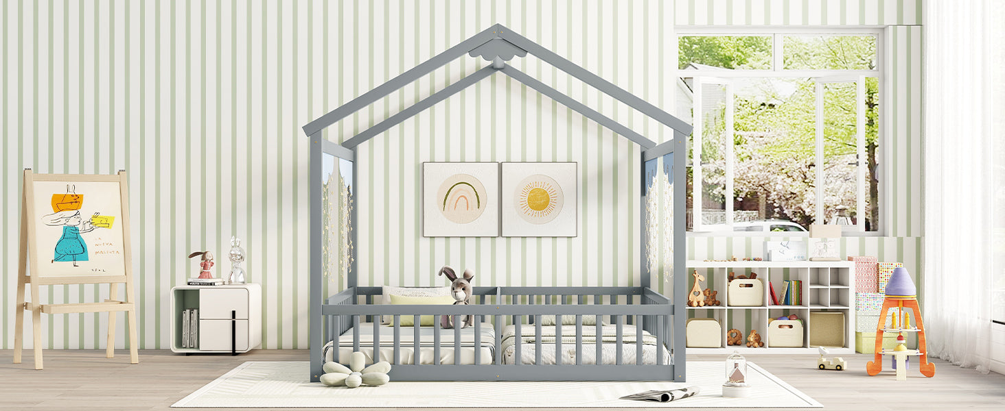 Double Twin House-Style Floor Bed with Fence, Guardrails, without door, Grey