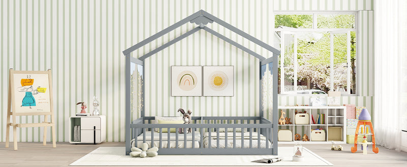 Double Twin House-Style Floor Bed with Fence, Guardrails, without door, Grey