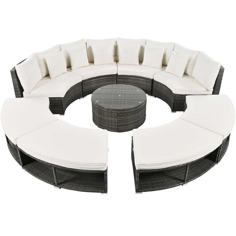 Outdoor Patio Furniture Luxury Circular Sofa Set Rattan Wicker Sectional Sofa Lounge Set With Tempered Glass Coffee Table, 6 Pillows