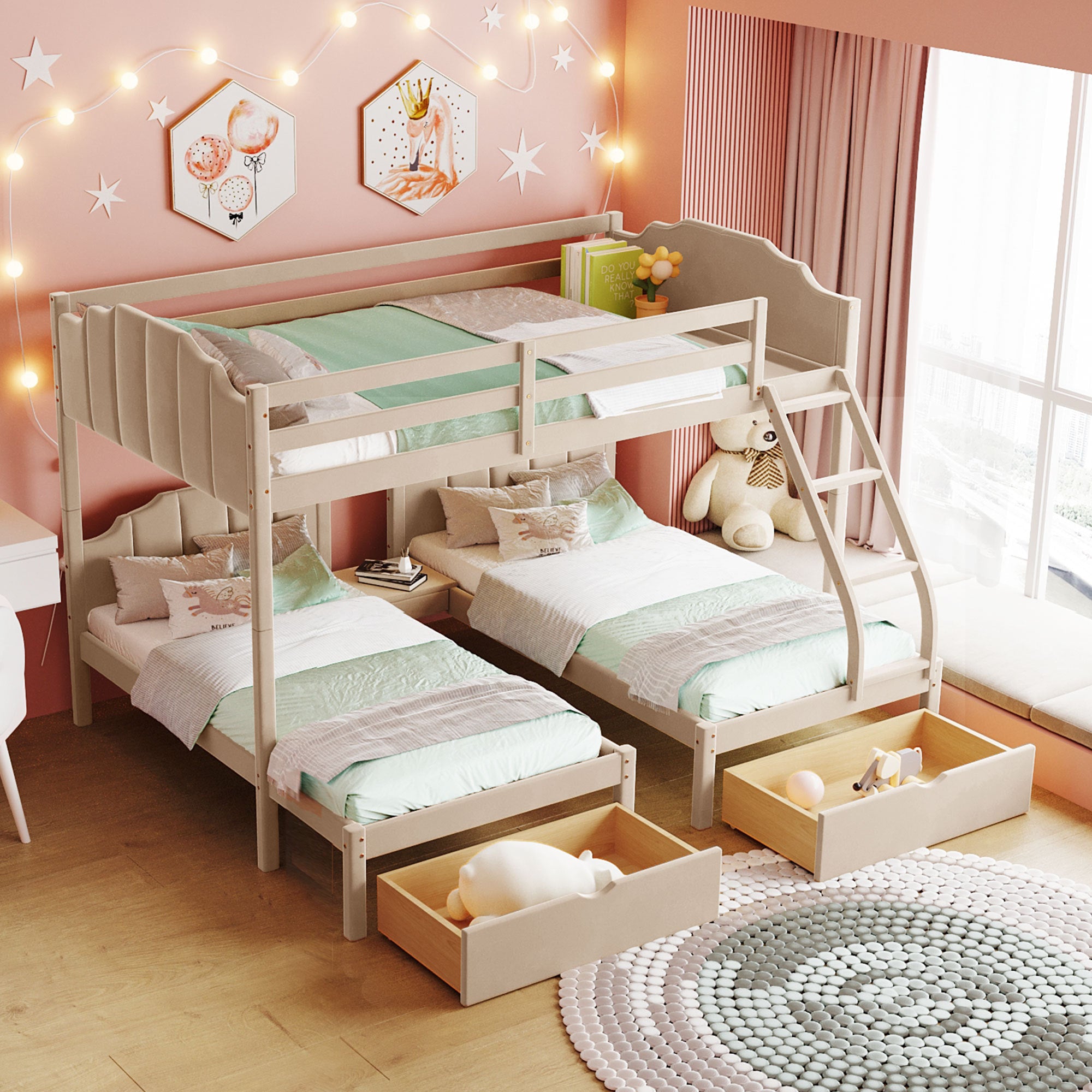 Full Over Twin & Twin Bunk Bed, Velvet Triple Bunk Bed with Drawers and Guardrails, Beige - Atlantic Fine Furniture Melbourne FL