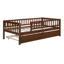 Twin Size Wood Daybed with Trundle and Fence Guardrails, Walnut
