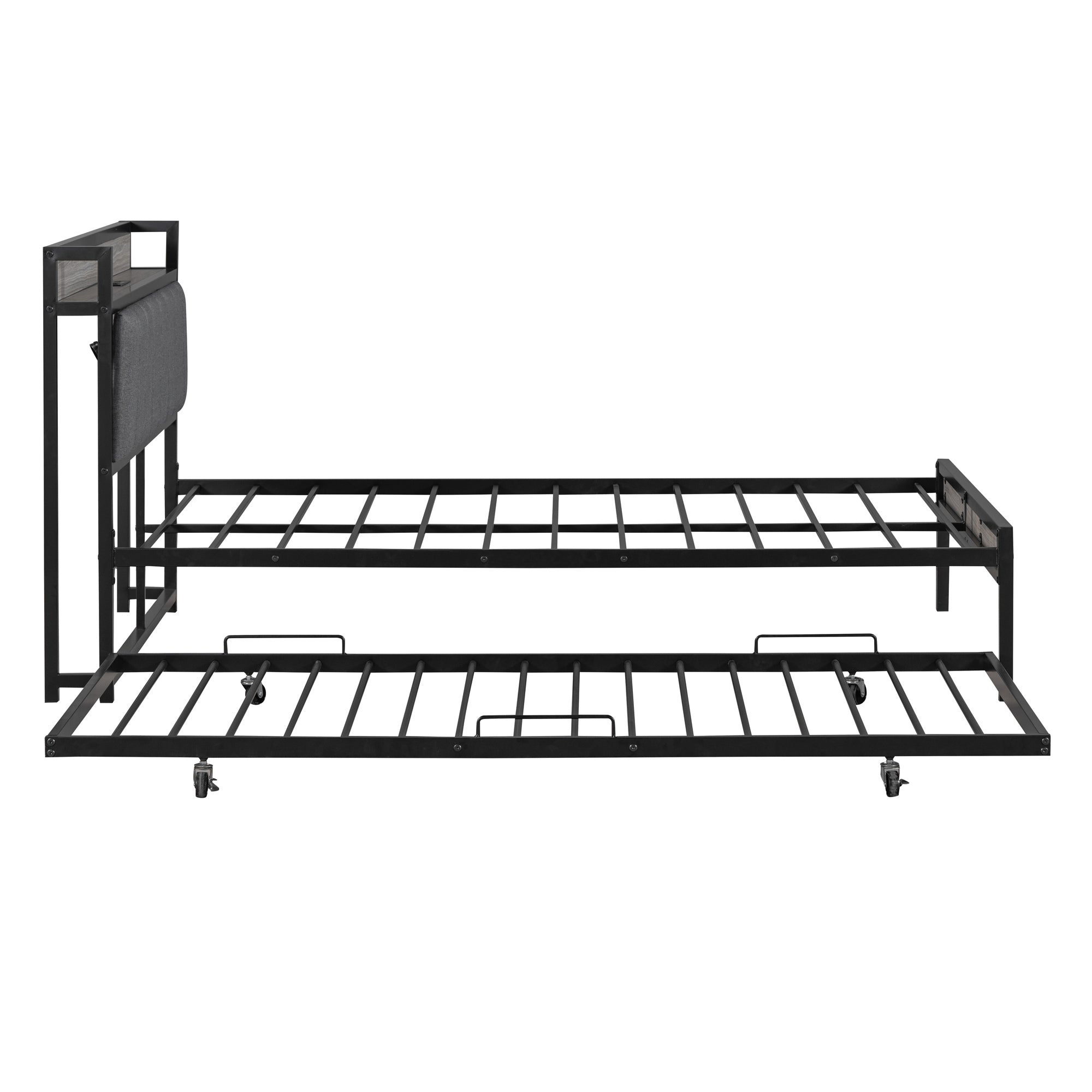 Full Size Metal Platform Bed Frame with Twin size trundle, Upholstered headboard, Sockets, USB Ports and Slat Support, No Box Spring Needed, Black