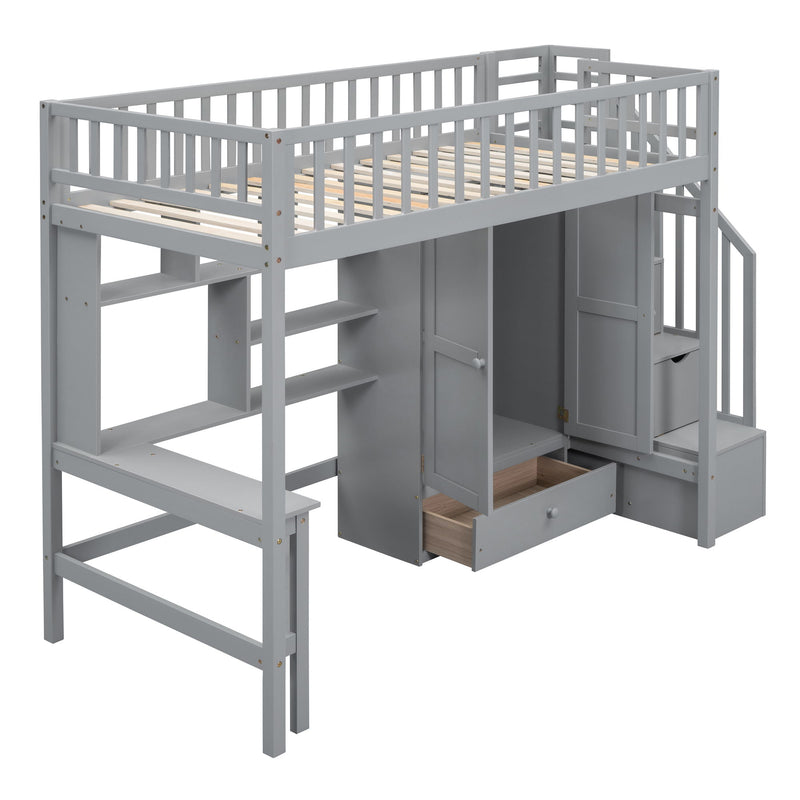 Twin Size Loft Bed With Bookshelf, Drawers, Desk, And Wardrobe - Gray