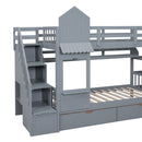 Twin-Over-Twin Castle Style Bunk Bed with 2 Drawers 3 Shelves and Slide - Gray