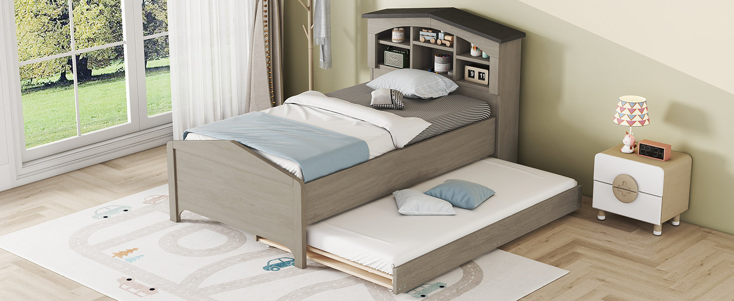 Twin Size Wood Platform Bed with House-shaped Storage Headboard and Trundle, Gray - Atlantic Fine Furniture Melbourne FL
