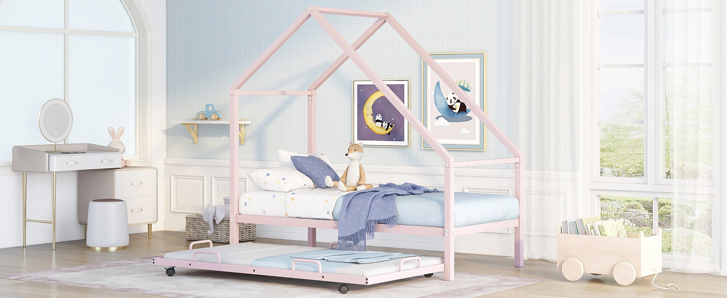 Metal House Bed With Trundle, Twin Size House Bed Pink - Atlantic Fine Furniture Melbourne FL