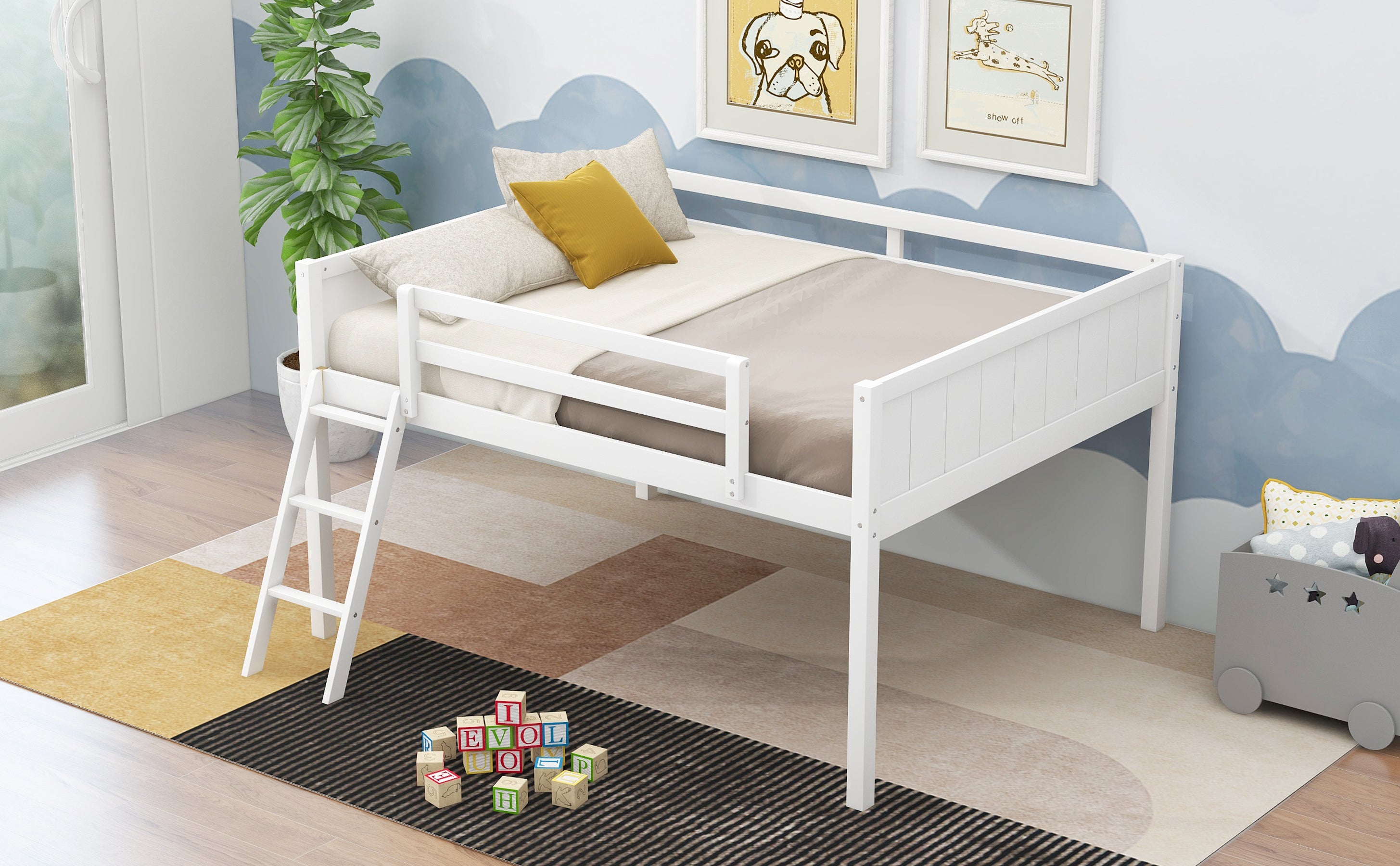 Full Size Wood Loft Bed with Ladder, ladder can be placed on the left or right, White - Atlantic Fine Furniture Melbourne FL