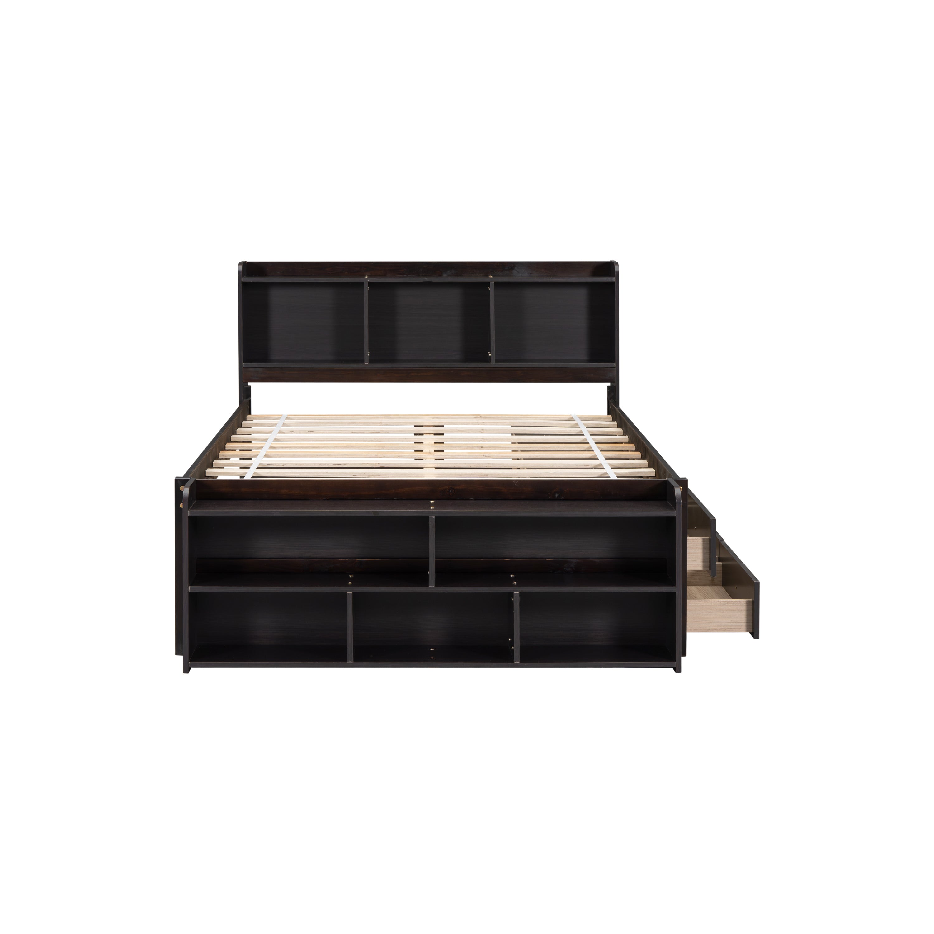 Full Bed with Bookcase Headboard, Under bed Storage Drawers and Bed End Storage Case,Espresso