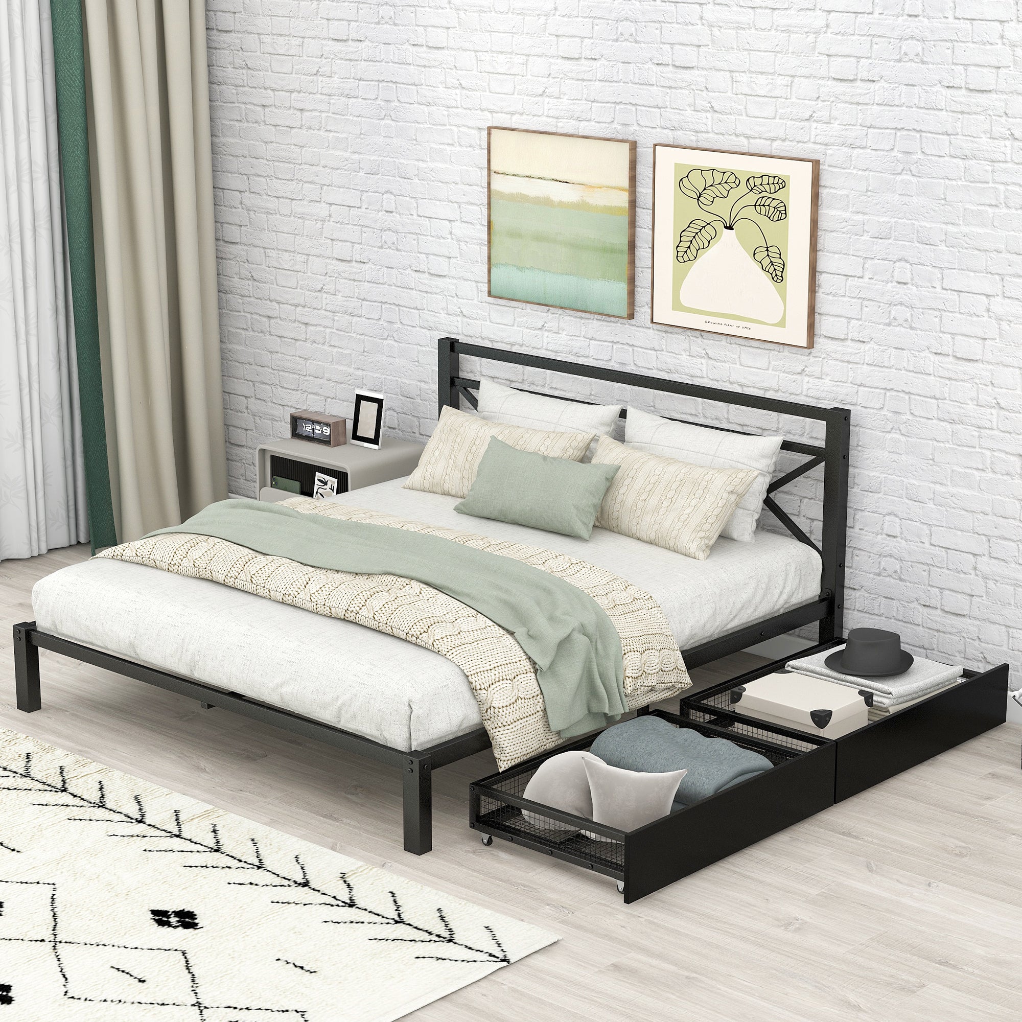 Metal Platform Bed with 2 Drawers, Queen (Black) - Atlantic Fine Furniture Melbourne FL