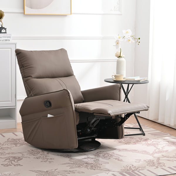 PU Rocking Recliner Chair,360° Swivel Nursery Rocking Chair,Glider Chair,Modern Small Rocking Swivel Recliner Chair for Bedroom,Living Room Chair Home Theater Seating,Side Pocket(Brown+360° Swivel)