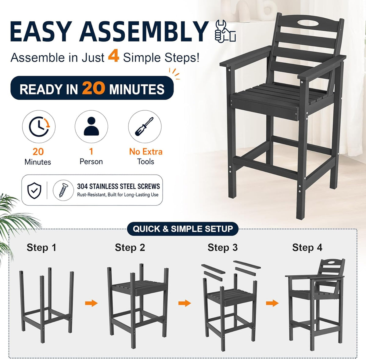 Crefise Tall Adirondack Bar Chairs, Set of 2 - Grey