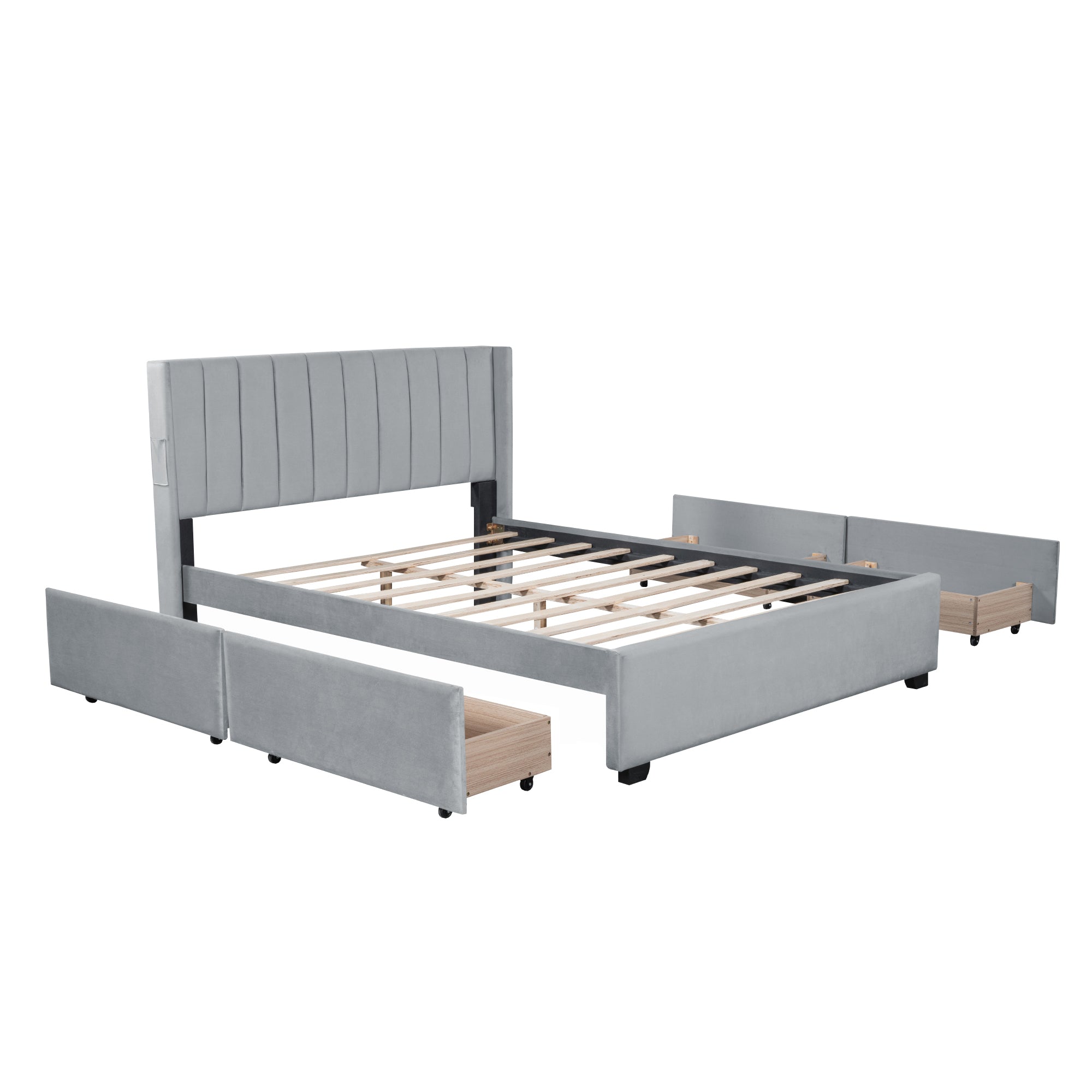 Queen Size Upholstered Bed with 4 Drawers, Gray - Atlantic Fine Furniture Melbourne FL