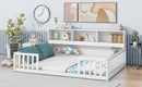 Full Floor Bed with Side Bookcase,Shelves,Guardrails,White