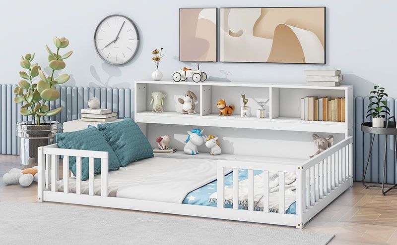 Full Floor Bed with Side Bookcase,Shelves,Guardrails,White