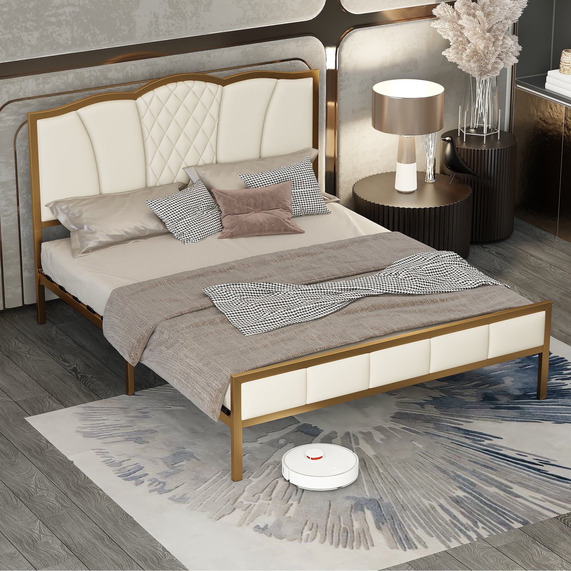 Queen Size Bed Frame, Modern Upholstered Bed Frame with Tufted Headboard, Golden Metal Platform Bed Frame with Wood Slat Support, Noise Free, No Box Spring Needed,Beige - Atlantic Fine Furniture Melbourne FL