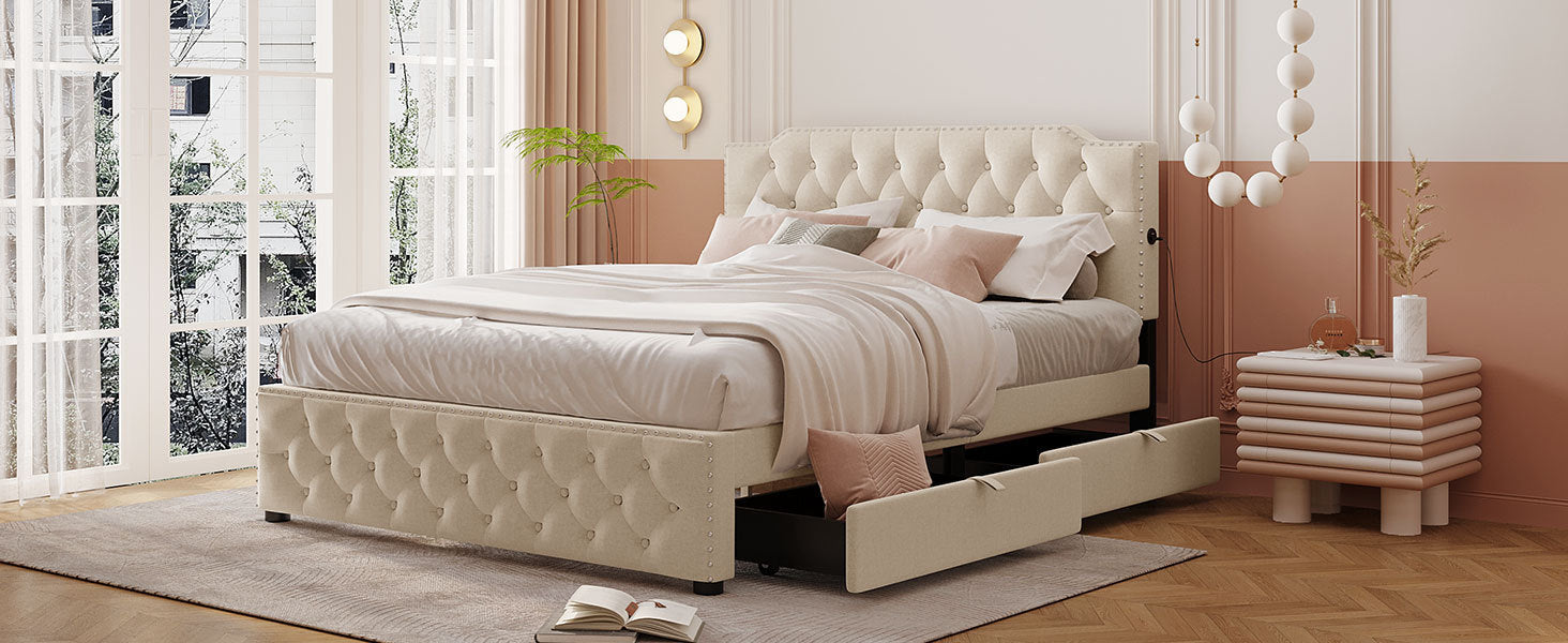 Queen Size Upholstered Platform Bed with 2 Drawers and 2 sets of USB Ports on each side, Linen Fabric, Beige - Atlantic Fine Furniture Melbourne FL