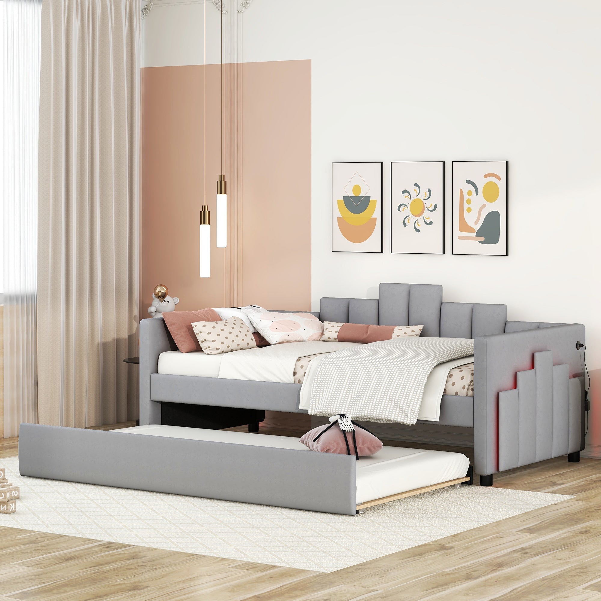 Twin Size Upholstered Daybed with Light and USB Port, Gray - Atlantic Fine Furniture Melbourne FL