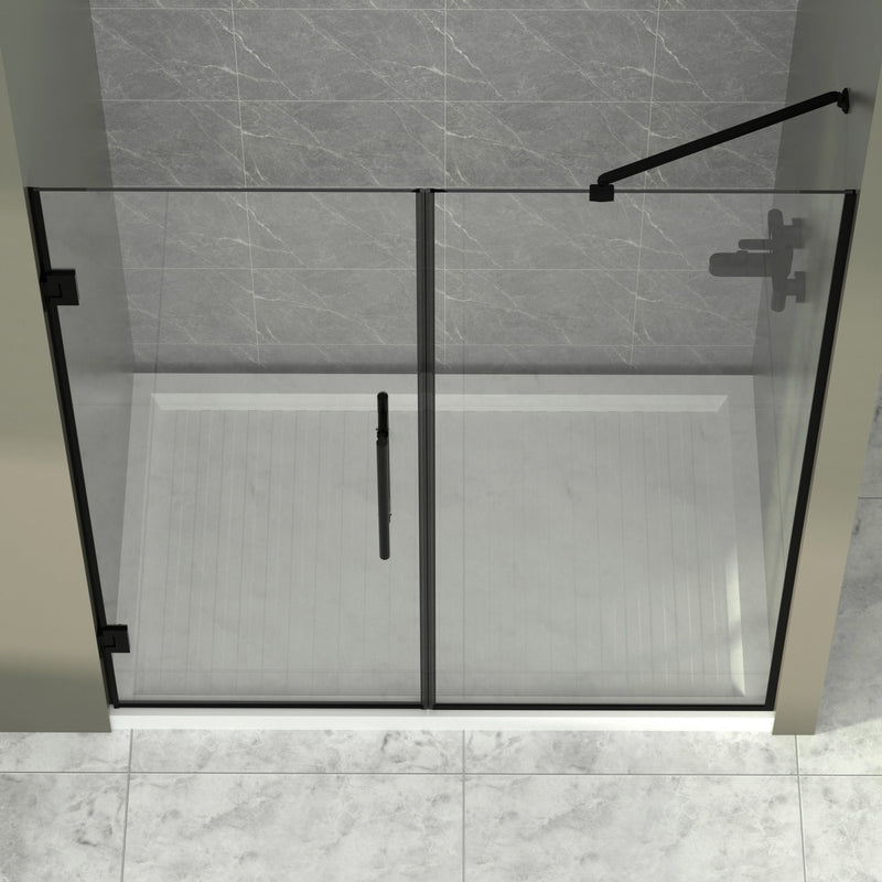 Semi-Frameless Double Hinges Shower Door In Matte , Tempered Glass, Reversible Installation - Black