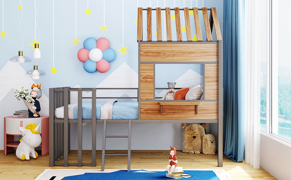 Metal Twin size Loft Bed with Roof, Window, Guardrail, Ladder Silver - Atlantic Fine Furniture Melbourne FL