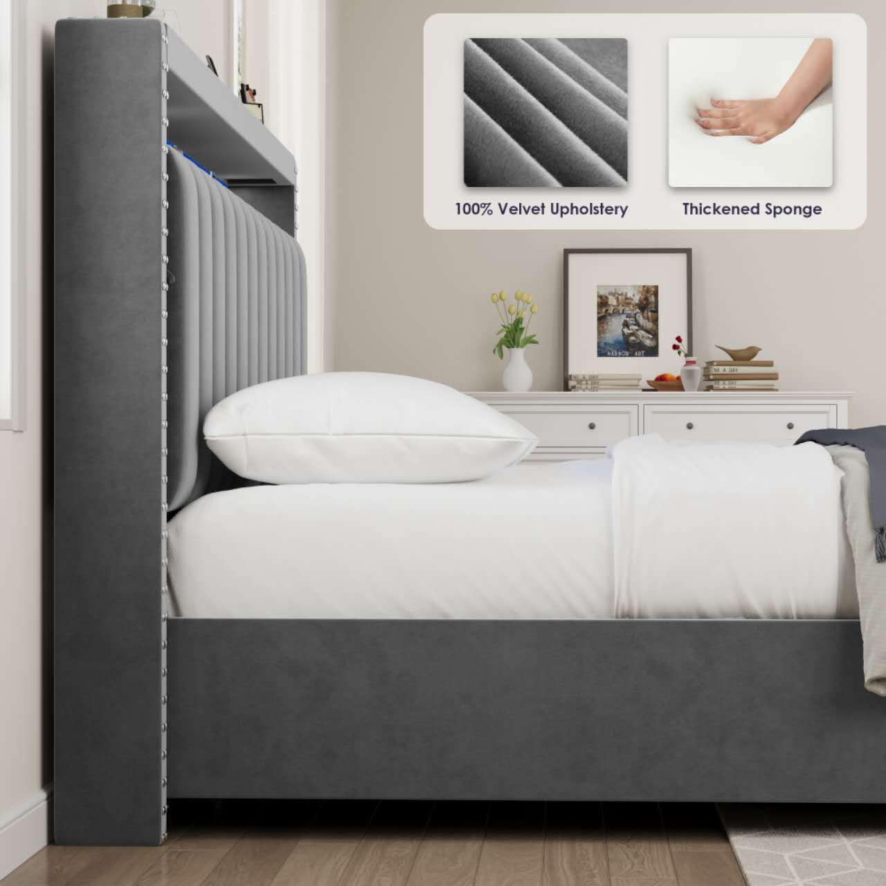 Luxury Gas Lift Storage Bed with RF LED Lights, Storage Headboard ,QUEEN Size ,Velvet Grey - Atlantic Fine Furniture Melbourne FL