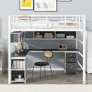 Metal Loft Bed with bookcase, desk and cabinet, Full, White
