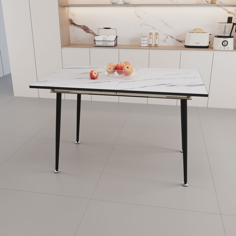 Modern Industrial Expandable Dining Table 47" To With Marble Pattern Top And Metal Legs - White
