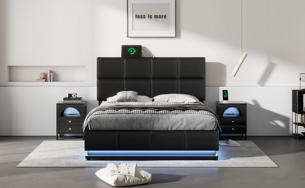 Full Size Tufted Upholstered Platform Bed with Hydraulic Storage System,PU Storage Bed with LED Lights and USB charger, Black - Atlantic Fine Furniture Melbourne FL