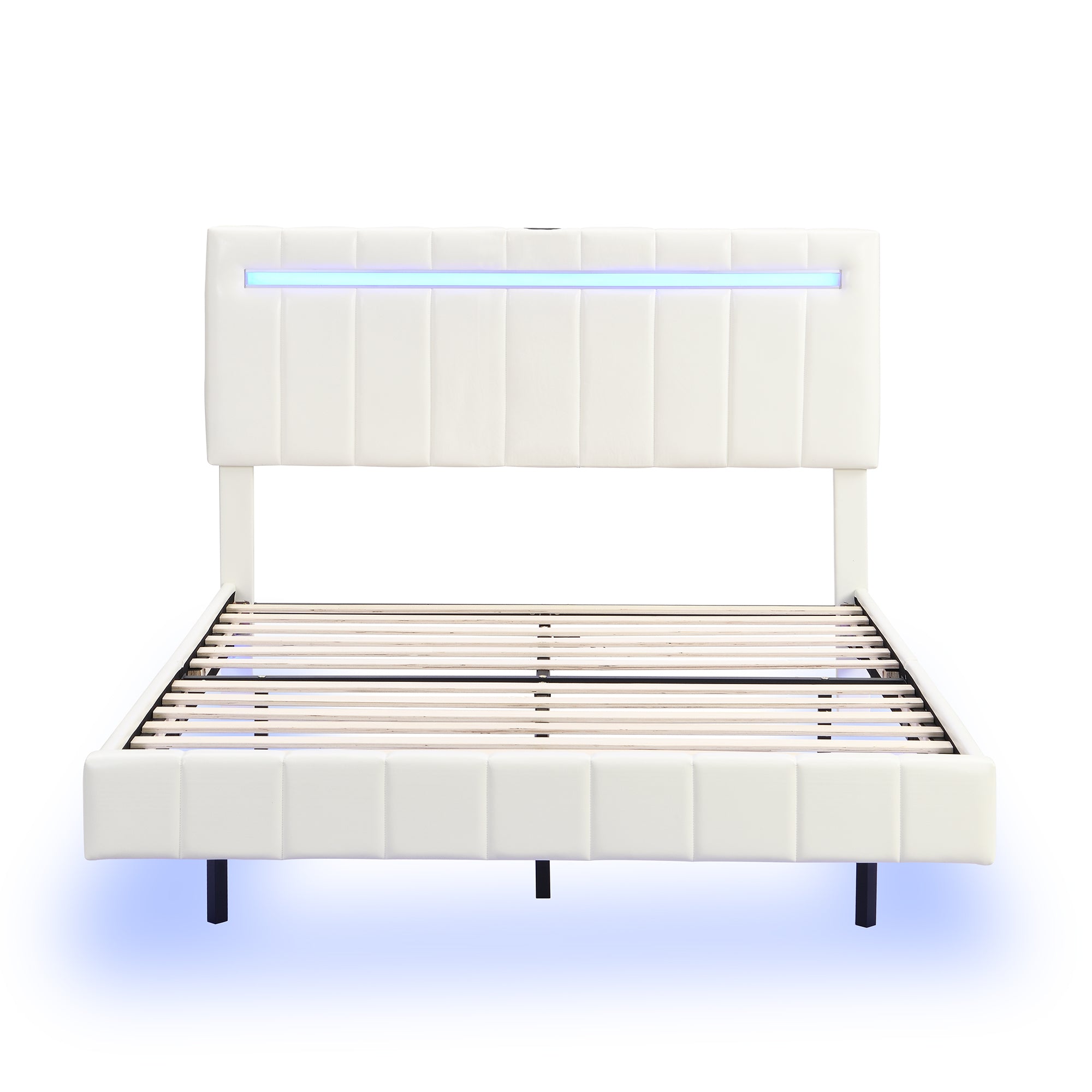 Queen Size Floating Bed Frame with LED Lights and USB Charging,Modern Upholstered Platform LED Bed Frame, White