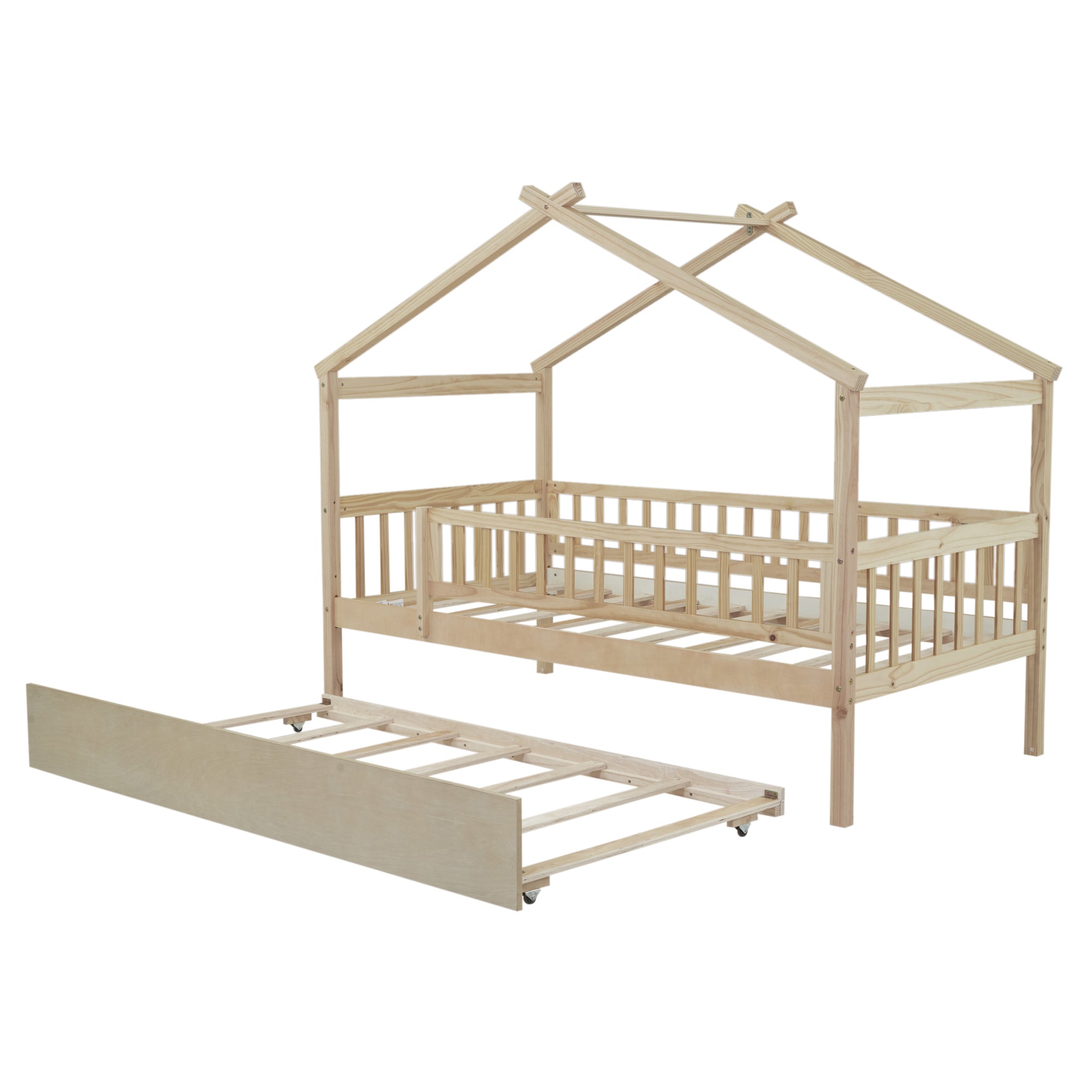 Twin Size Wooden House Bed with Twin Size Trundle, Natural - Atlantic Fine Furniture Melbourne FL