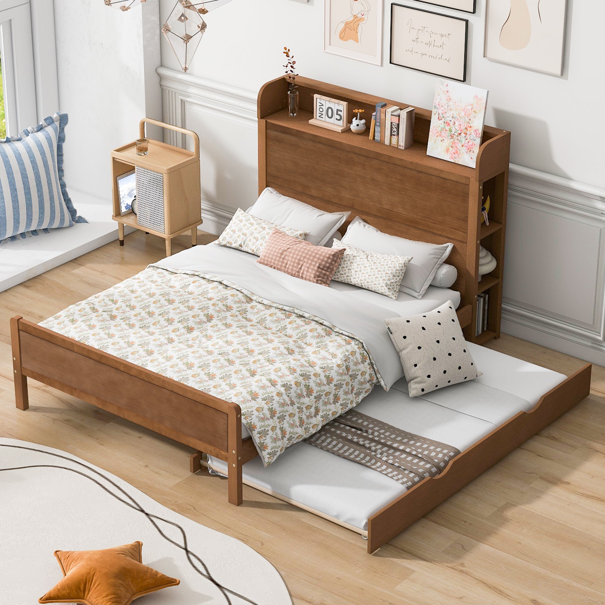 Full Size Platform Bed with Storage Headboard and Twin Size Trundle, Walnut - Atlantic Fine Furniture Melbourne FL