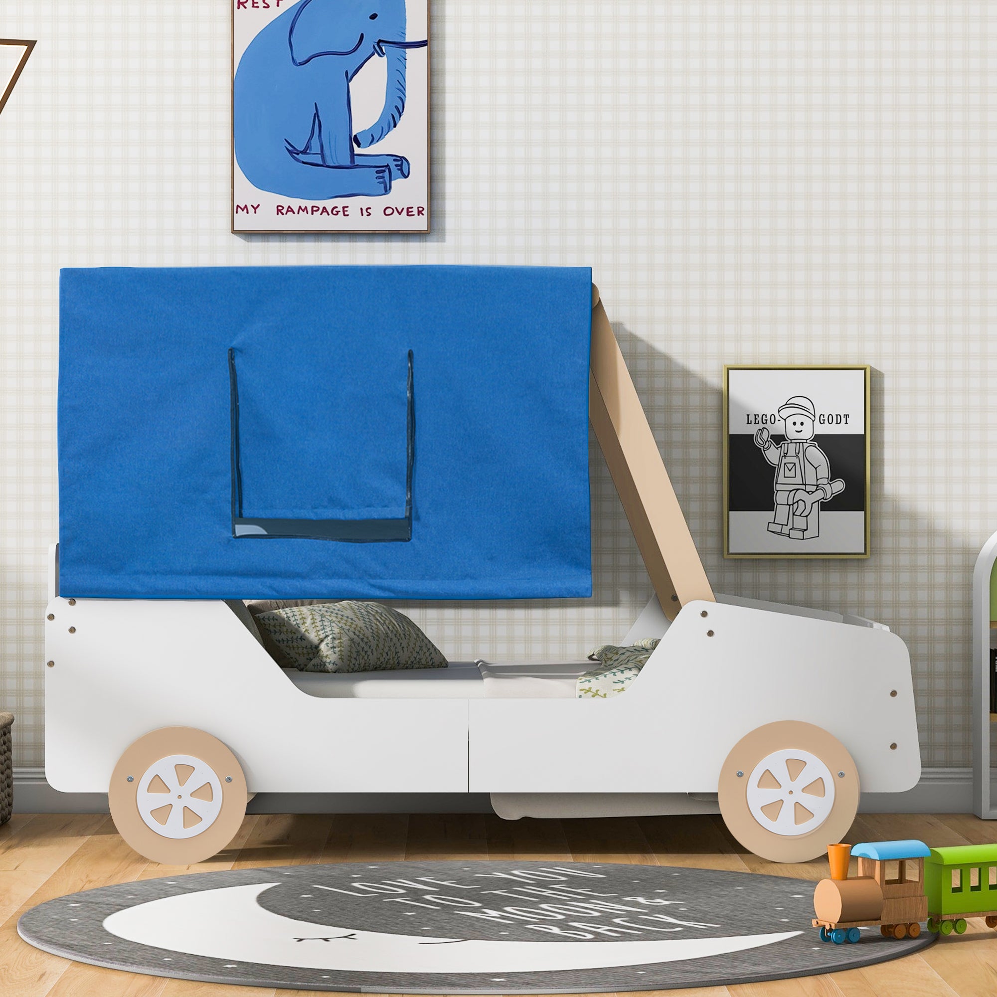 Twin Size Car Shaped Bed with Tents,White+Natural - Atlantic Fine Furniture Melbourne FL
