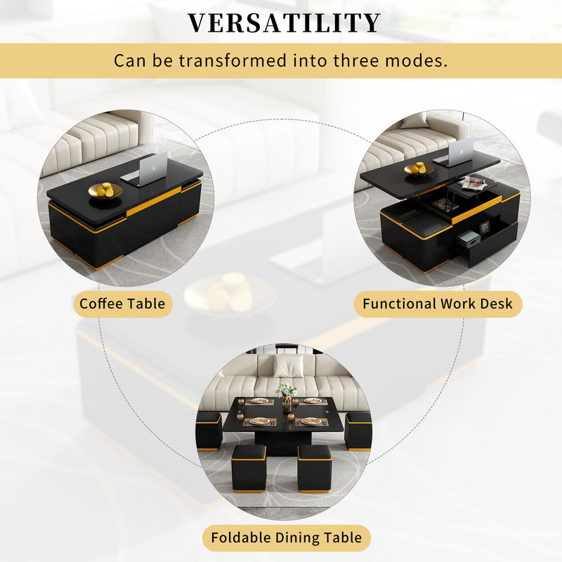 Multi Functional Adjustable Coffee Table With 4 Storage Stools