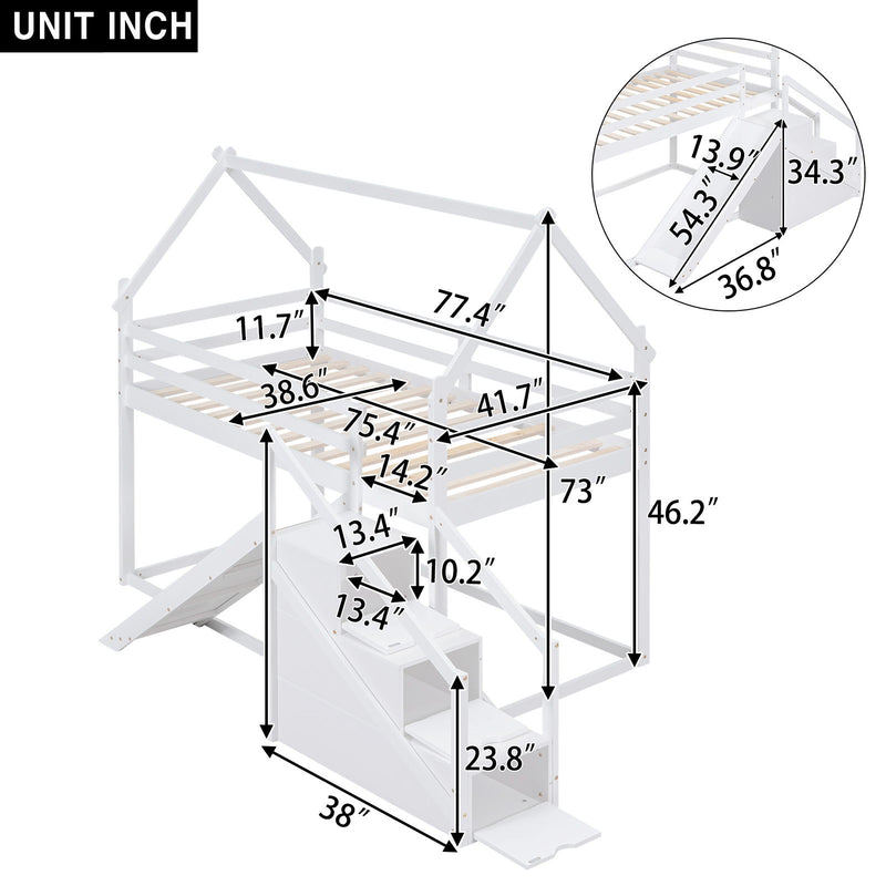 Twin Over Twin House Loft Or Bunk Bed With Slide And Staircase