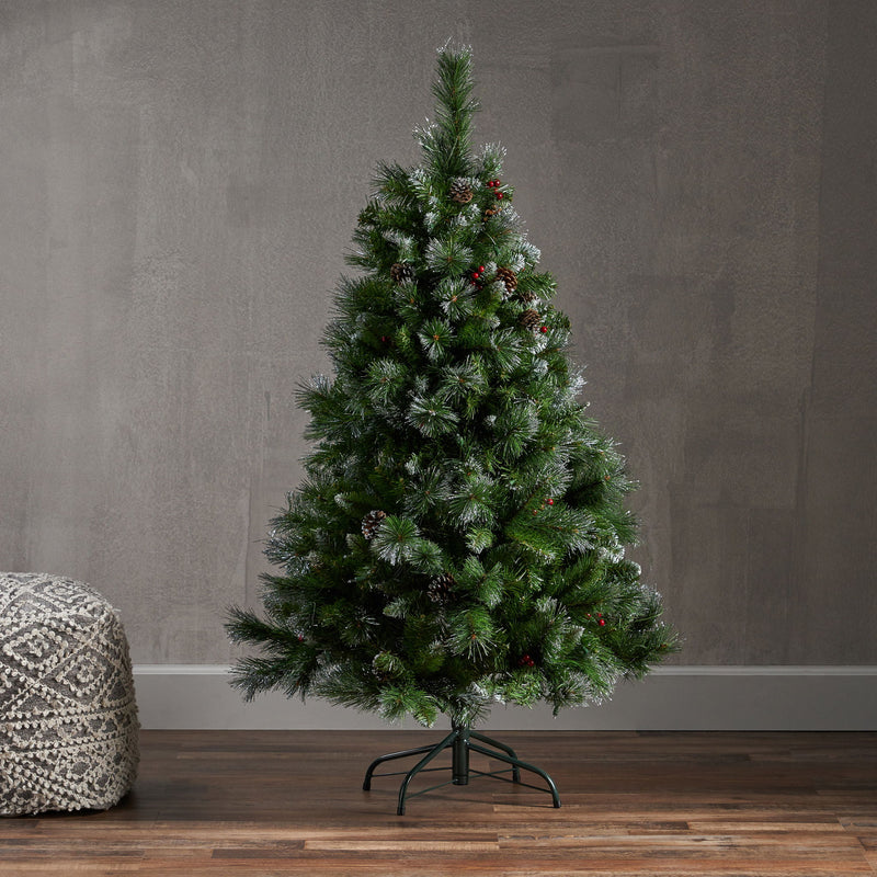 Glitter Bristle Mixed Hinged Tree With Berry And Pine Cones And 200 Cl, 407 Tips - Green