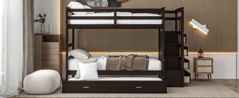 Twin Over Twin Bunk Bed with Trundle and Staircase,Espresso(OLD SKU:LT000068AAP)