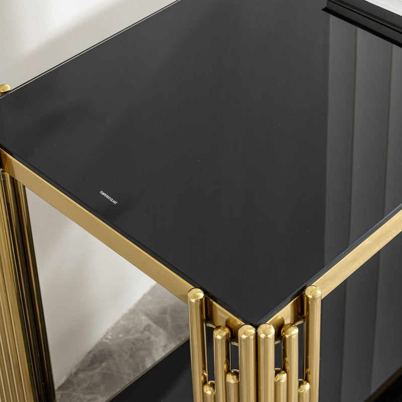 Modern Glass Top Mirror Stainless Steel Console Table For Living Room, Tempered Glass - Black / Gold
