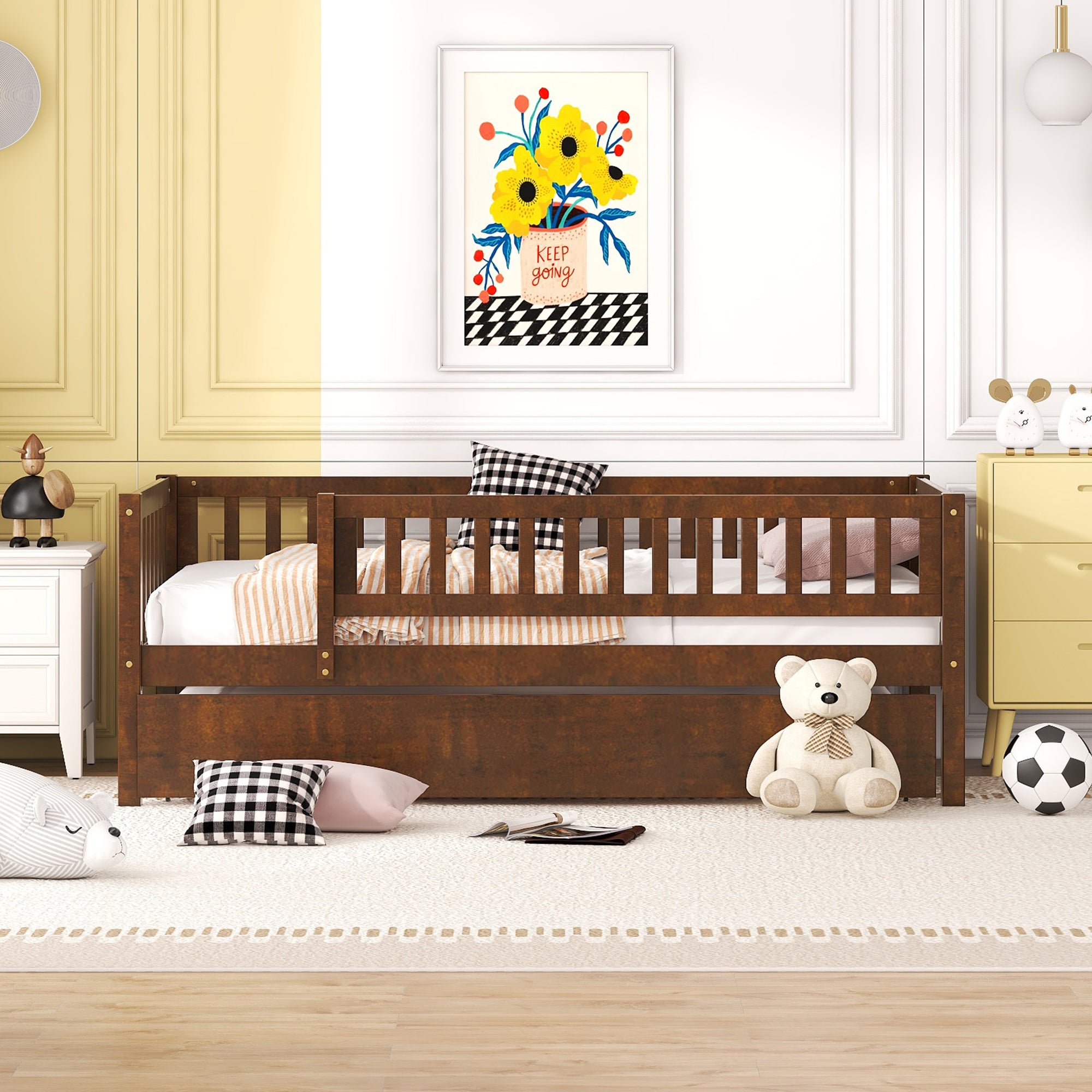 Twin Size Wood Daybed with Trundle and Fence Guardrails, Walnut - Atlantic Fine Furniture Melbourne FL