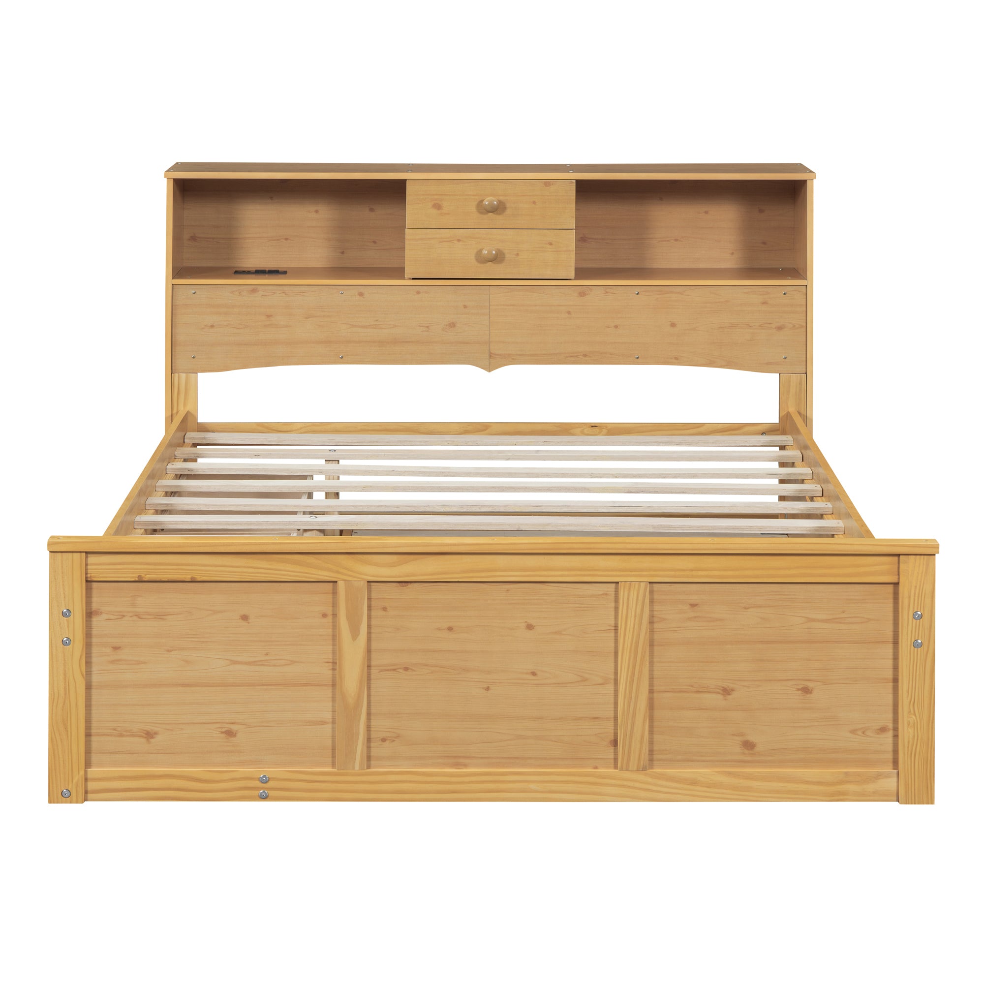Full Size Wood Pltaform Bed with Twin Size Trundle, 3 Drawers, Upper Shelves and a set of USB Ports & Sockets, Natural - Atlantic Fine Furniture Melbourne FL