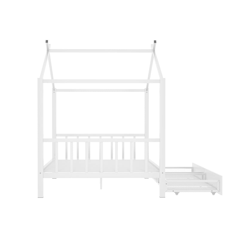 Full Size Metal House Platform Bed with Two Drawers,Headboard and Footboard,Roof Design,White