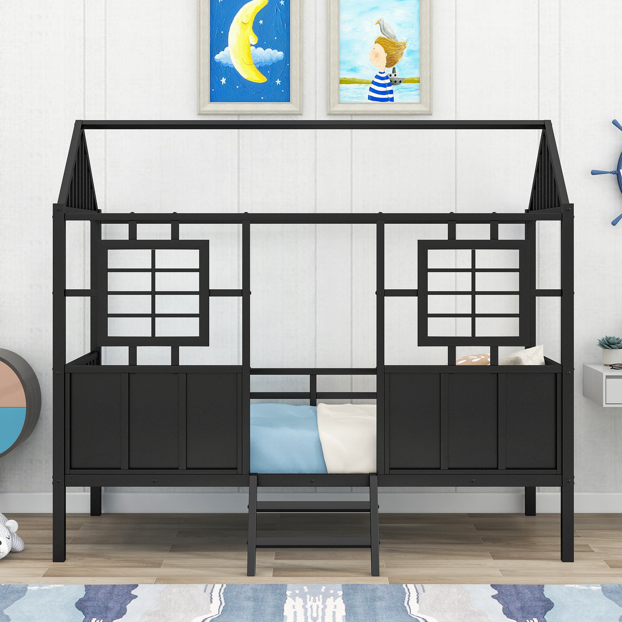 Twin Size Metal Low Loft House Bed with Roof and Two Front Windows , Black - Atlantic Fine Furniture Melbourne FL