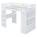 Full Size Loft Bed with large shelves, writing desk and LED Light, White