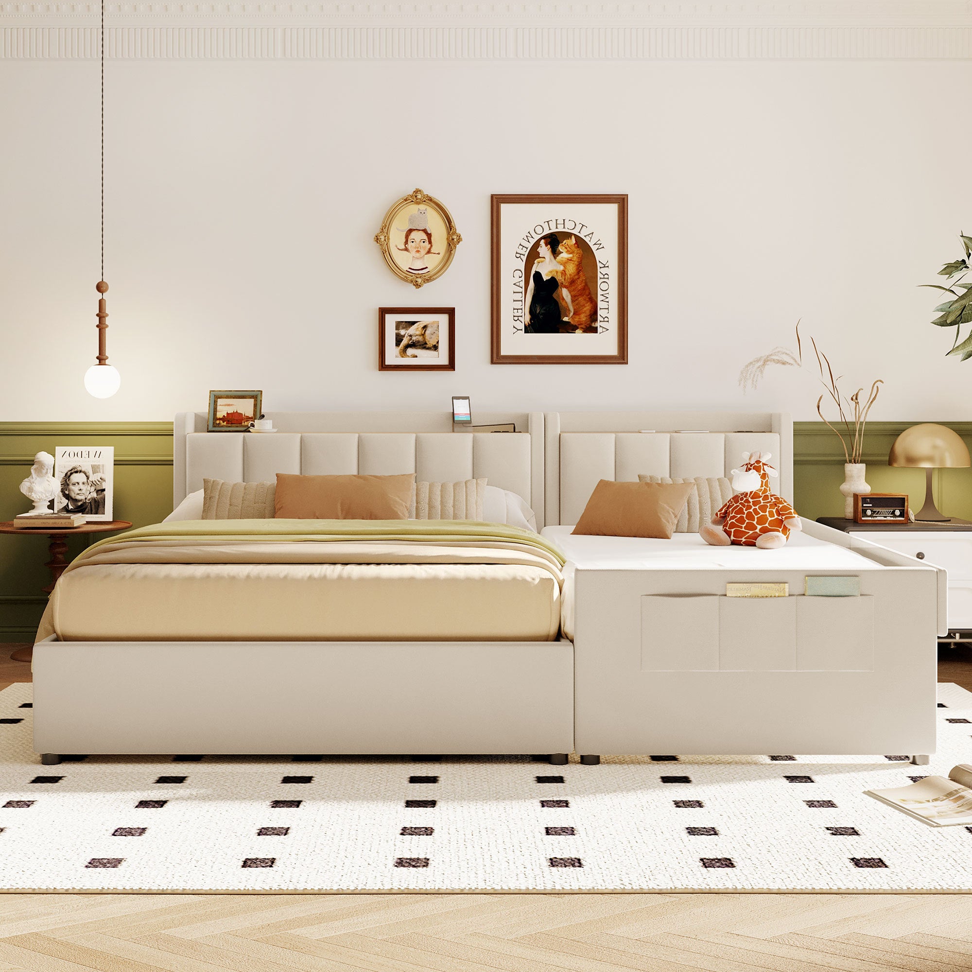 Queen Size & Twin XL Size Upholstered Platform Bed, Mother & Child Bed with Hydraulic Storage System, Drawer Box, Bedhead storage shelf and Two pairs of sockets & USB Ports, PU Leather, Beige