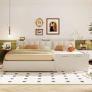 Queen Size & Twin XL Size Upholstered Platform Bed, Mother & Child Bed with Hydraulic Storage System, Drawer Box, Bedhead storage shelf and Two pairs of sockets & USB Ports, PU Leather, Beige