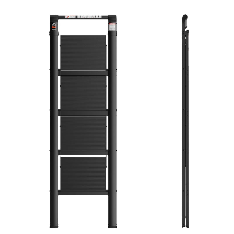 4 Step Ladder, Retractable Handgrip Folding Step Stool With Anti-Slip Wide Pedal, Aluminum Step Ladders 4 Steps, 300Lbs Safety Household Ladder - Black