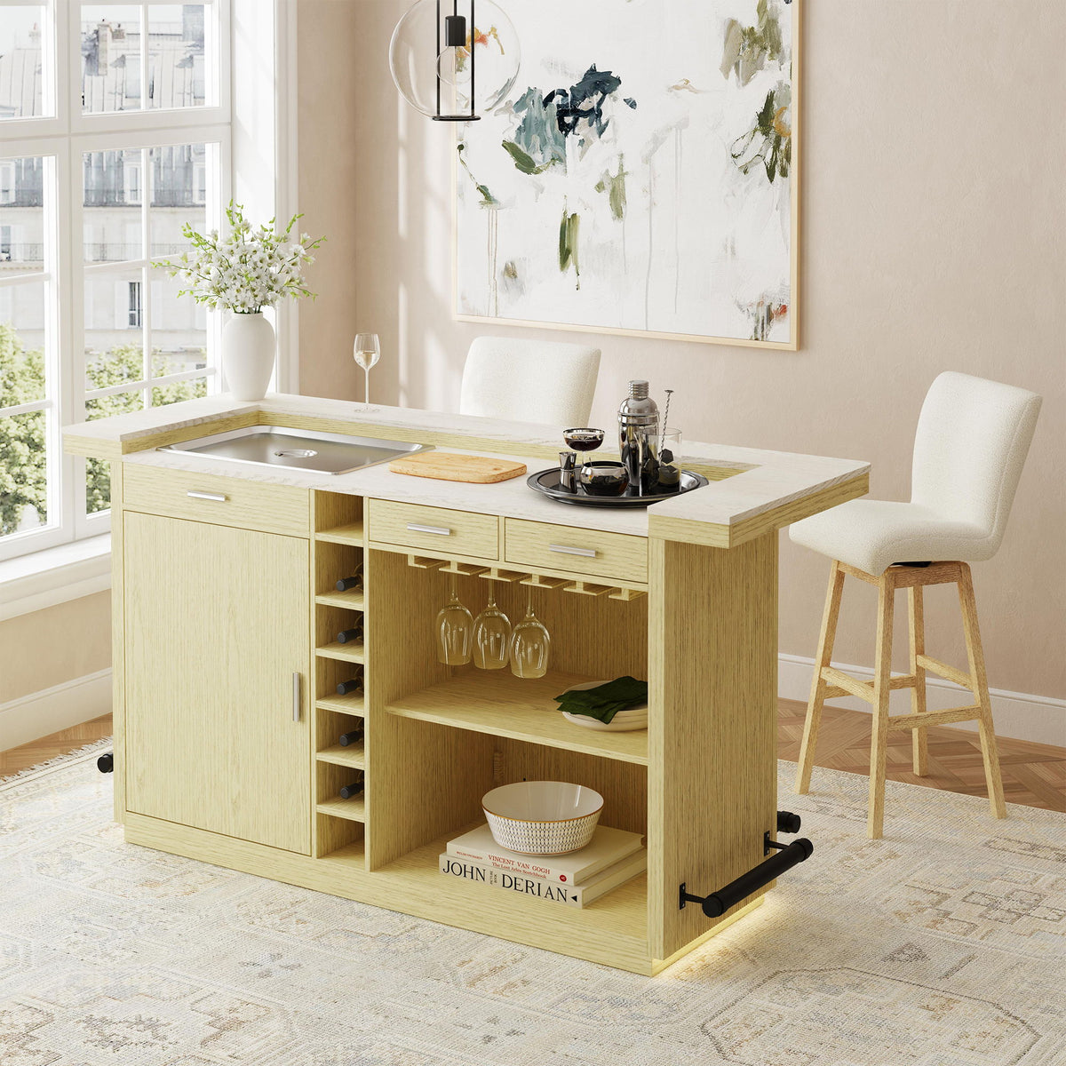 Cambrie Bar Table With LED in Off-White And Natural by Elements International, view 9