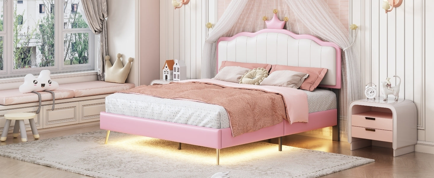 Full size Upholstered Princess Bed With Crown Headboard,Full Size Platform Bed with Headboard and Footboard with Light Strips,Golden Metal Legs, White+Pink - Atlantic Fine Furniture Melbourne FL