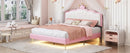 Full size Upholstered Princess Bed With Crown Headboard,Full Size Platform Bed with Headboard and Footboard with Light Strips,Golden Metal Legs, White+Pink